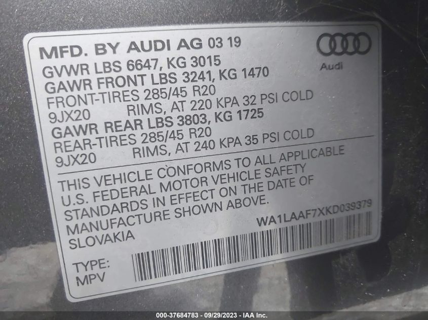 WA1LAAF7XKD039379 Audi Q7 PREMIUM PLUS 9