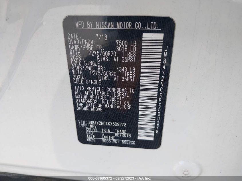 2019 NISSAN ARMADA SL - JN8AY2NCXKX509278