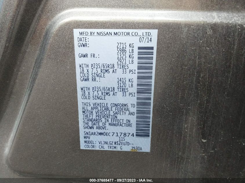 2014 NISSAN PATHFINDER SL - 5N1AR2MM0EC717874