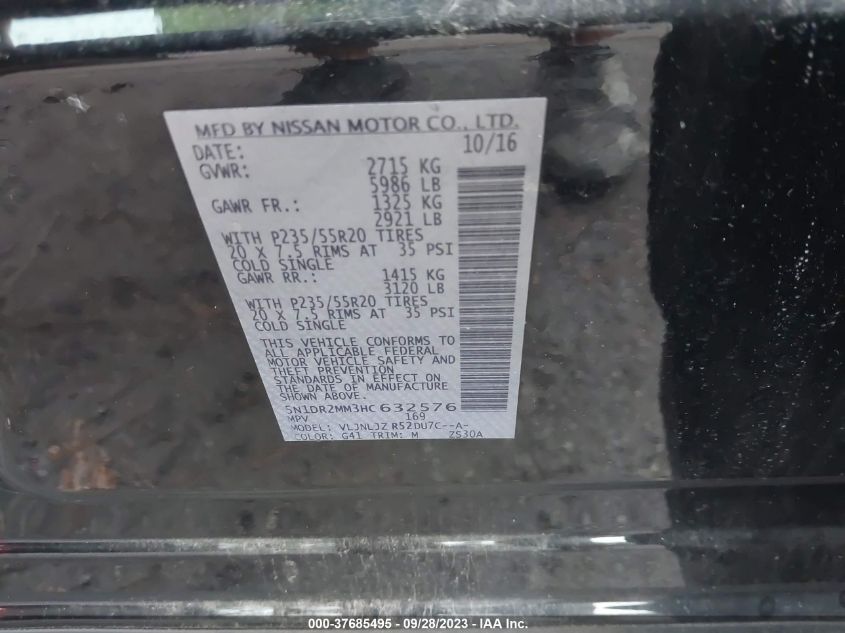2017 NISSAN PATHFINDER S/SV/SL/PLATINUM - 5N1DR2MM3HC632576