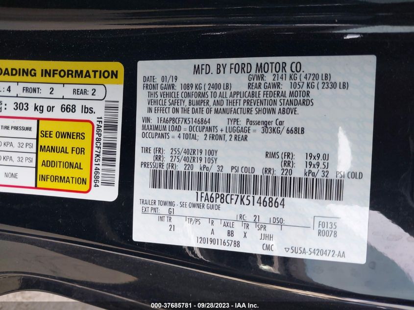 2019 FORD MUSTANG GT - 1FA6P8CF7K5146864