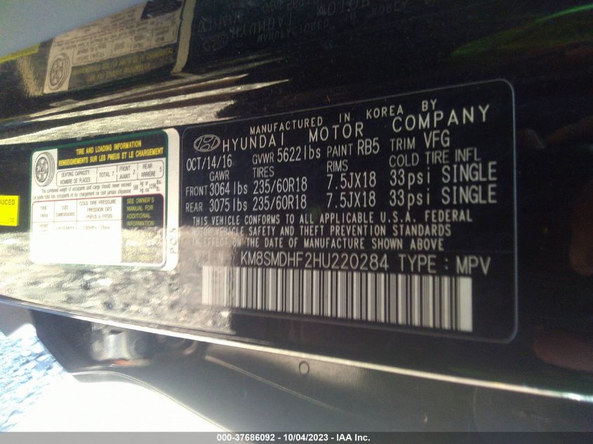 2017 HYUNDAI SANTA FE SE - KM8SMDHF2HU220284
