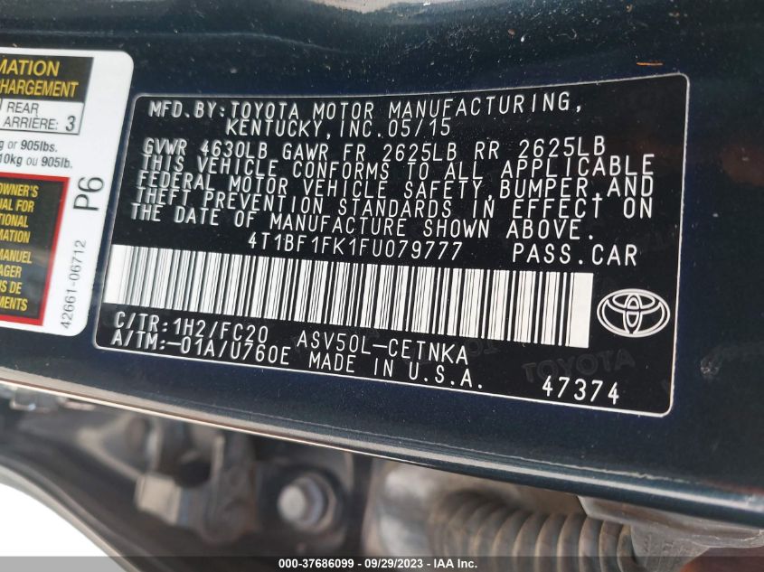 2015 TOYOTA CAMRY XLE/SE/LE/XSE - 4T1BF1FK1FU079777