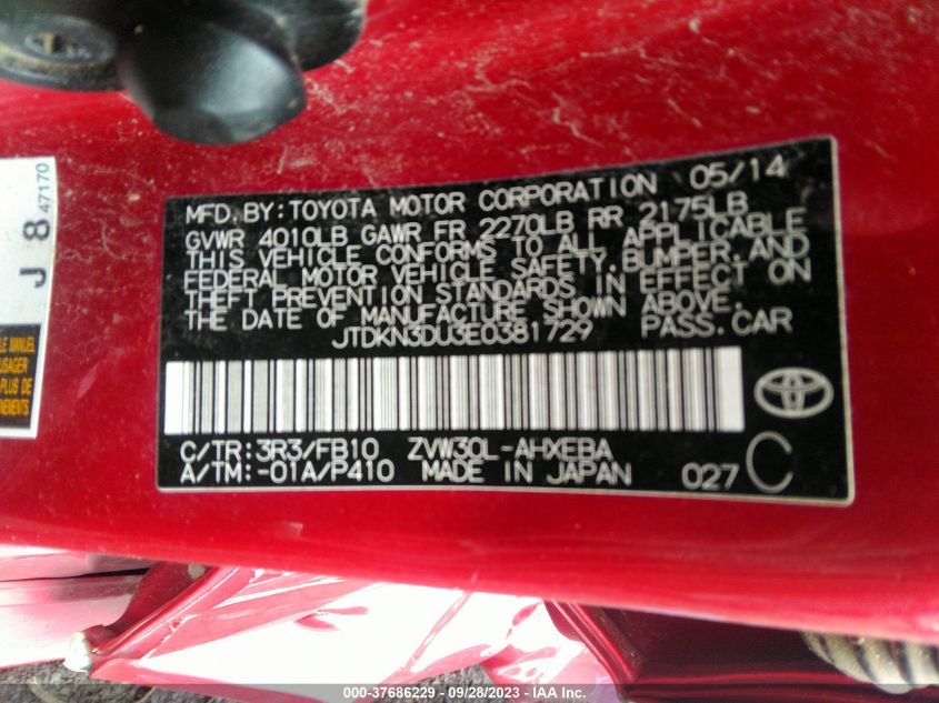 2014 TOYOTA PRIUS FOUR/FIVE/THREE/ONE/TWO - JTDKN3DU3E0381729