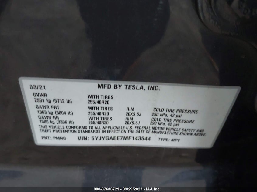 VIN 5YJYGAEE7MF143544 2021 TESLA MODEL Y LONG RANGE