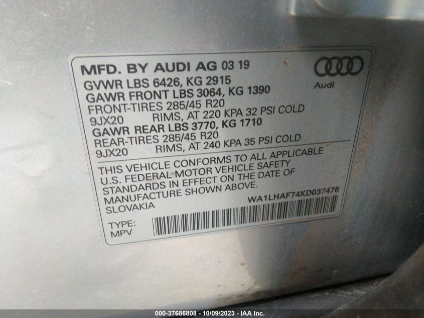 2019 AUDI Q7 PREMIUM PLUS - WA1LHAF74KD037476