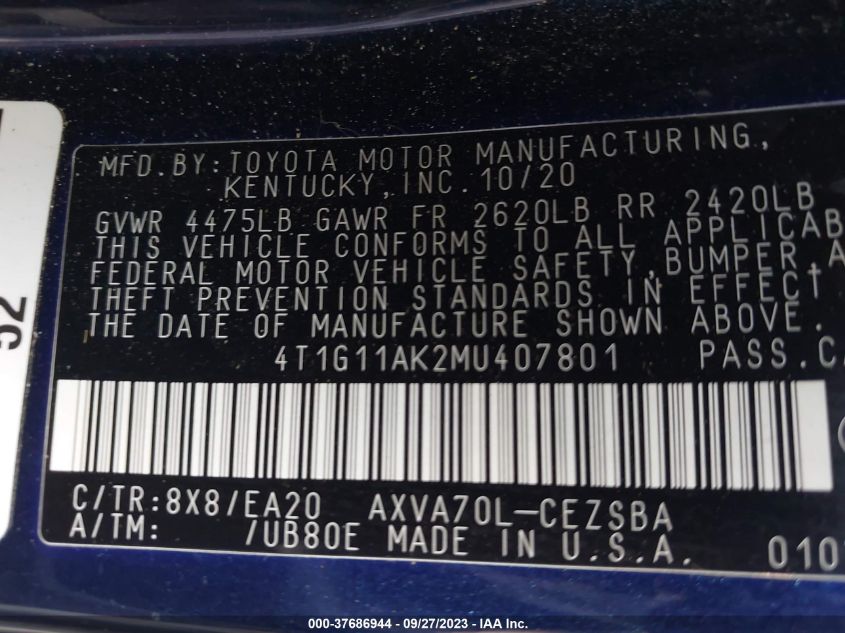 2021 TOYOTA CAMRY SE - 4T1G11AK2MU407801