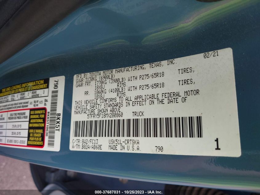 2021 TOYOTA TUNDRA SR5 - 5TFRY5F18MX280860