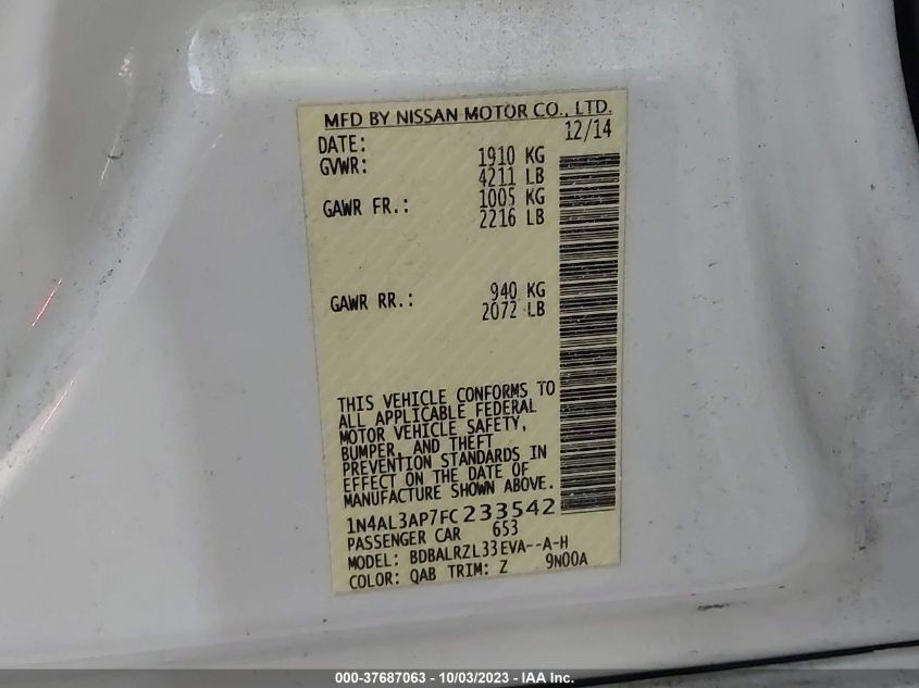 2015 NISSAN ALTIMA 2.5 SL - 1N4AL3AP7FC233542