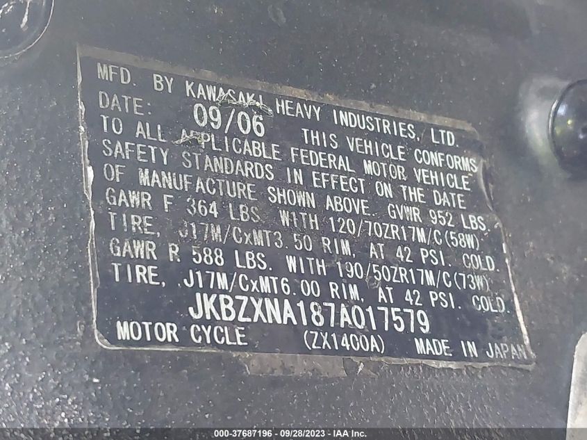 2007 KAWASAKI ZX1400 A JKBZXNA187A017579