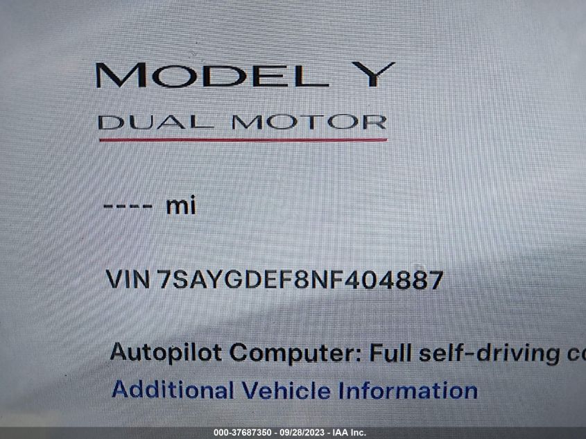 VIN 7SAYGDEF8NF404887 2022 TESLA MODEL Y PERFORMANCE