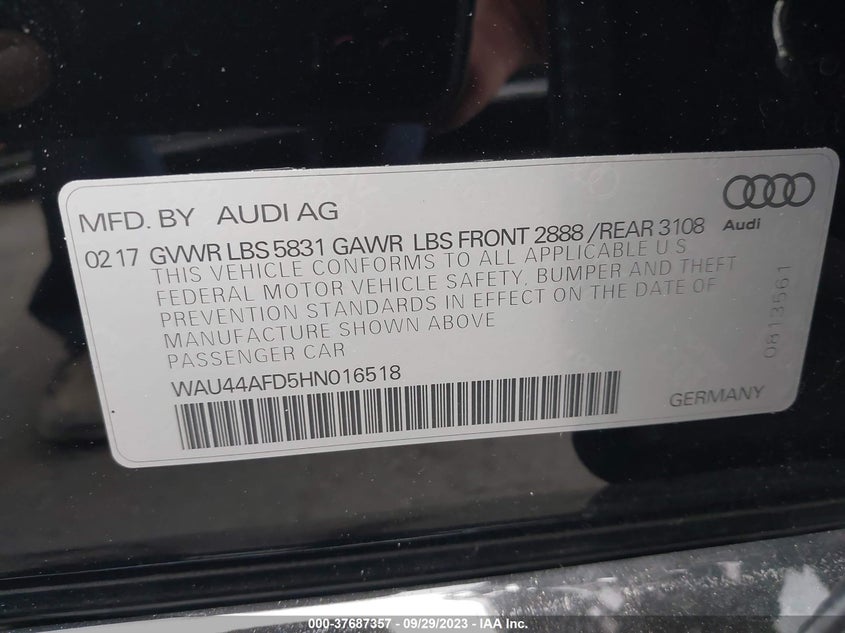 VIN WAU44AFD5HN016518 2017 AUDI A8 L