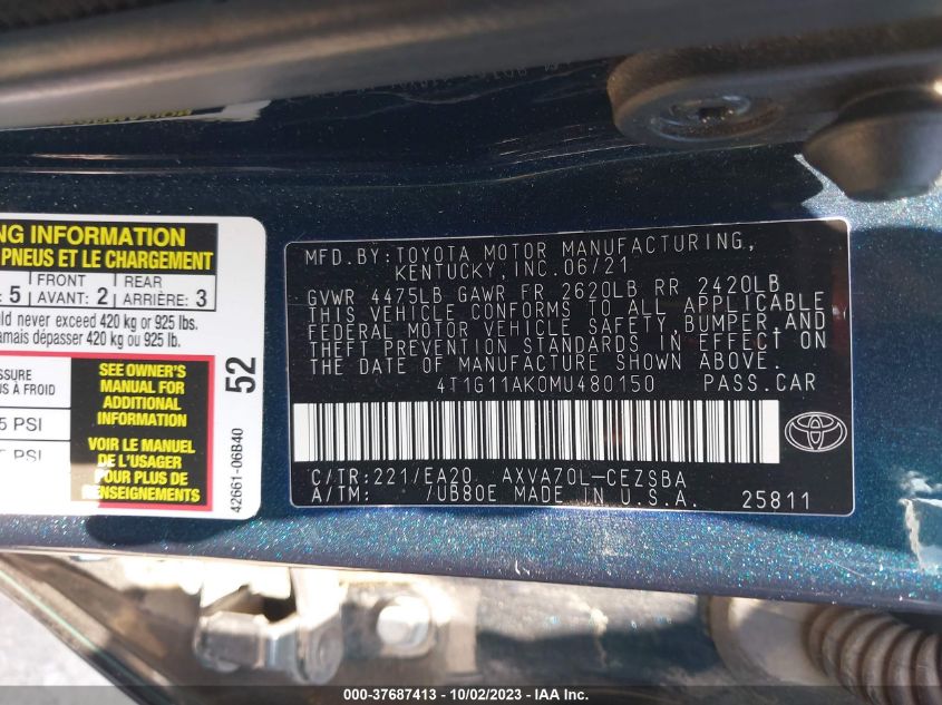 4T1G11AK0MU480150 Toyota Camry SE 9