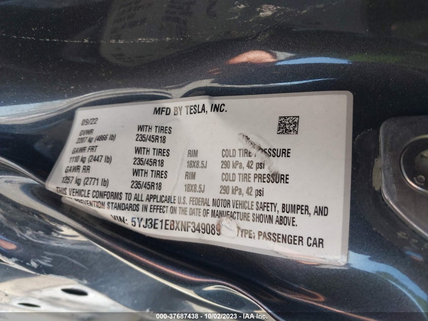 2022 TESLA MODEL 3 U   U(VIN: 5YJ3E1EBXNF349089