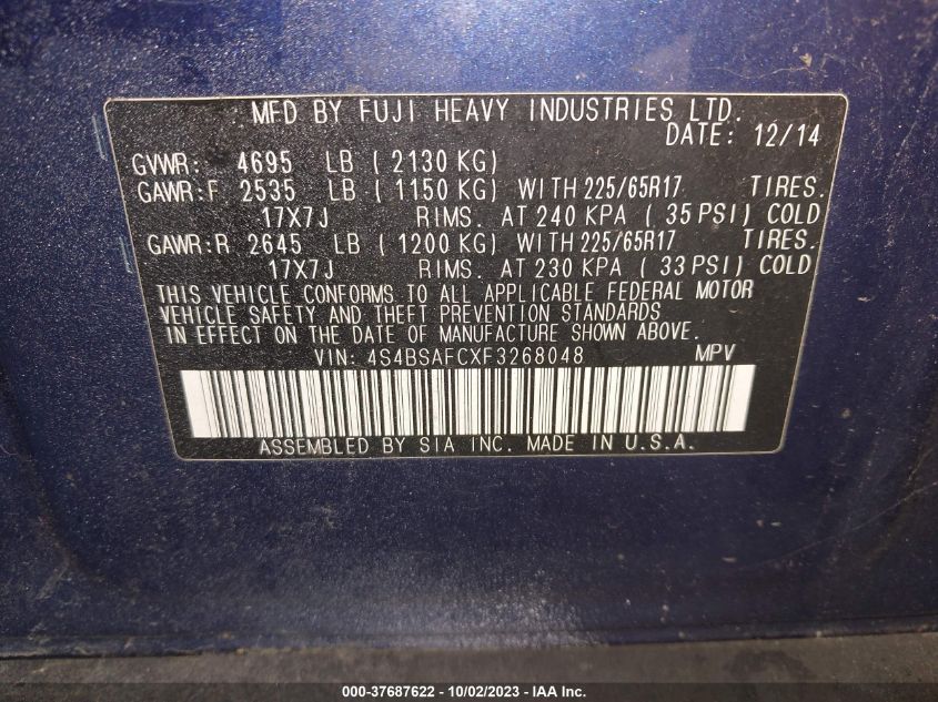 2015 SUBARU OUTBACK 2.5I PREMIUM - 4S4BSAFCXF3268048