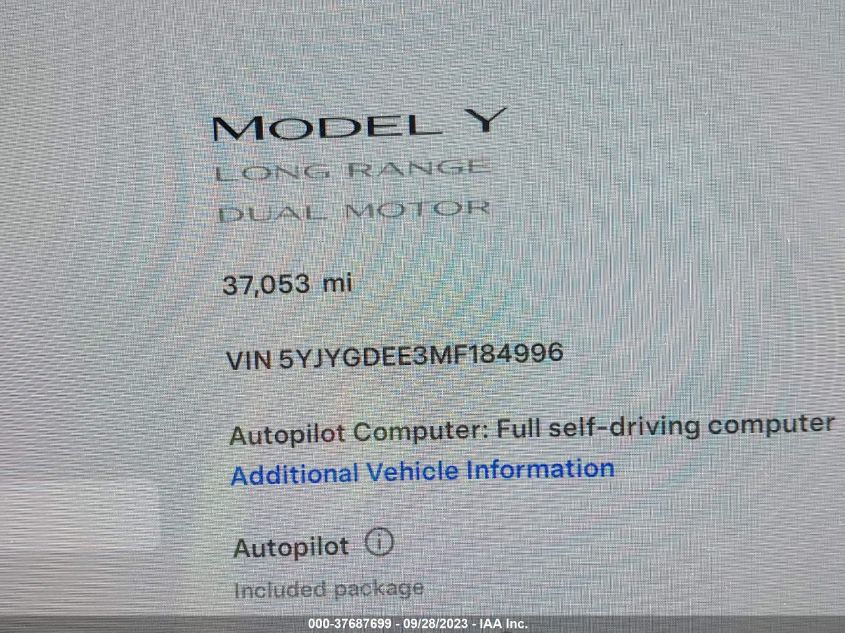 2021 TESLA MODEL Y - 5YJYGDEE3MF184996