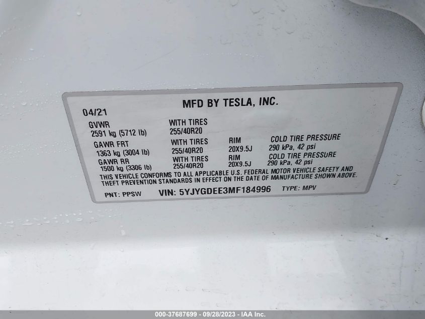 2021 TESLA MODEL Y - 5YJYGDEE3MF184996