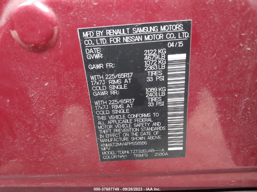 2015 NISSAN ROGUE SV - KNMAT2MV4FP558186