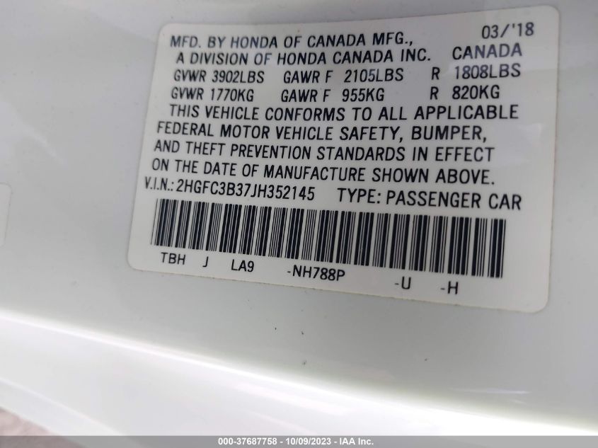 2018 HONDA CIVIC COUPE EX-T 2HGFC3B37JH352145