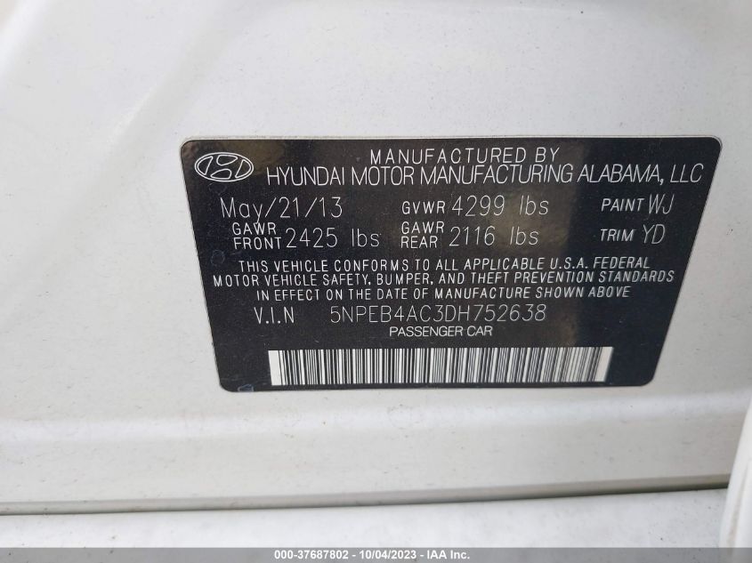 2013 HYUNDAI SONATA GLS - 5NPEB4AC3DH752638