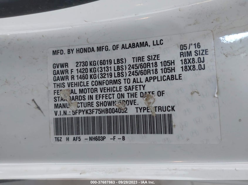 VIN 5FPYK3F75HB004052 2017 HONDA RIDGELINE RTL
