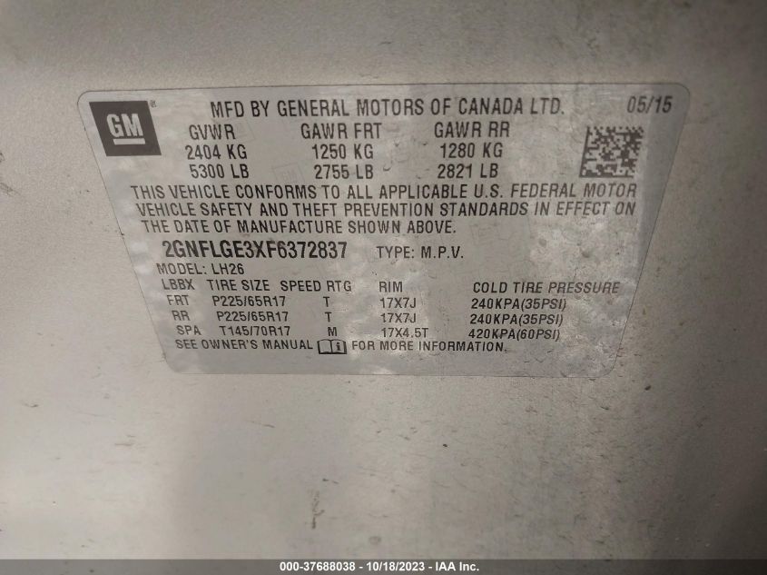 2015 CHEVROLET EQUINOX LT - 2GNFLGE3XF6372837