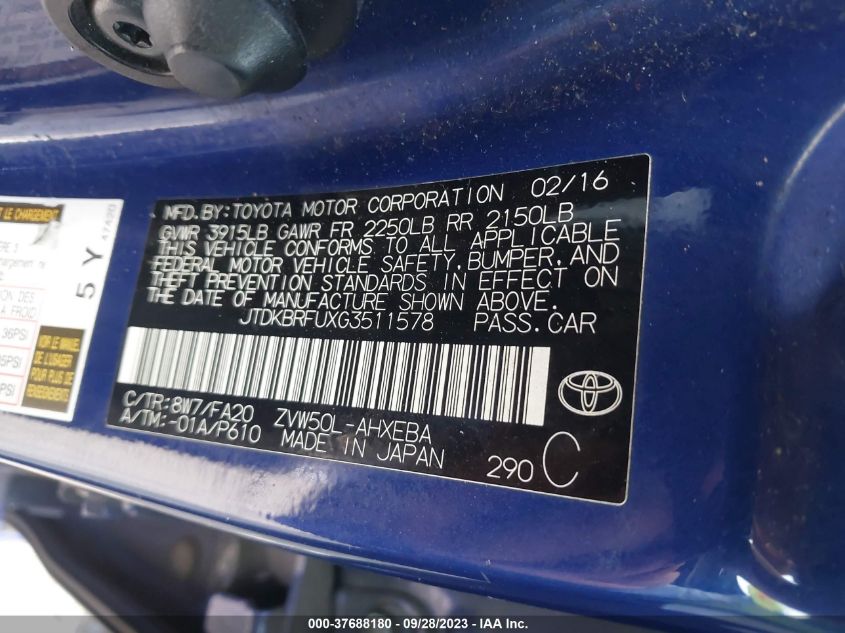 2016 TOYOTA PRIUS TWO - JTDKBRFUXG3511578