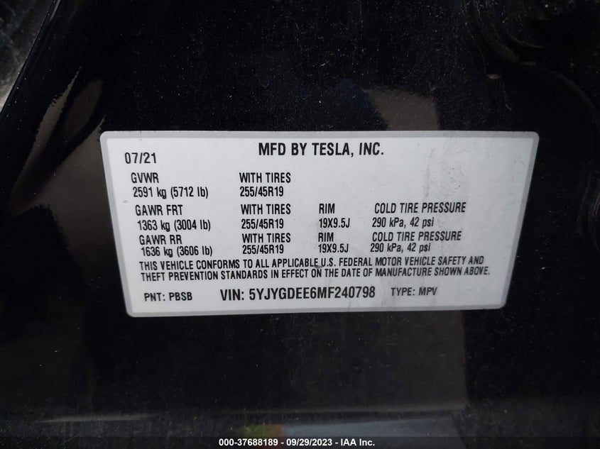 VIN 5YJYGDEE6MF240798 2021 TESLA MODEL Y LONG RANGE