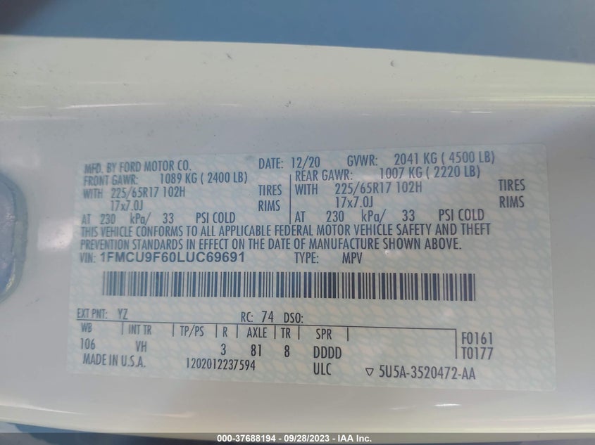 VIN 1FMCU9F60LUC69691 2020 FORD ESCAPE S