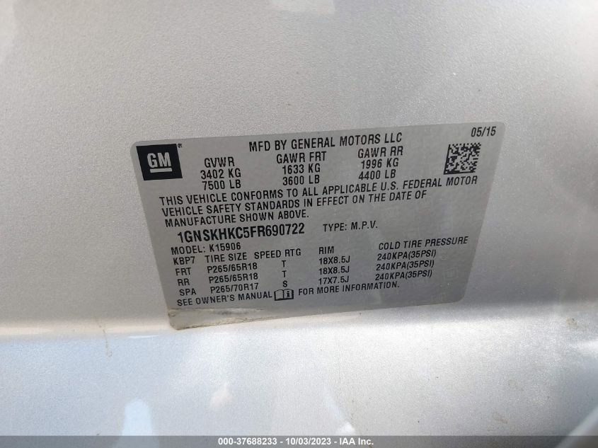 2015 CHEVROLET SUBURBAN 1500 LS - 1GNSKHKC5FR690722