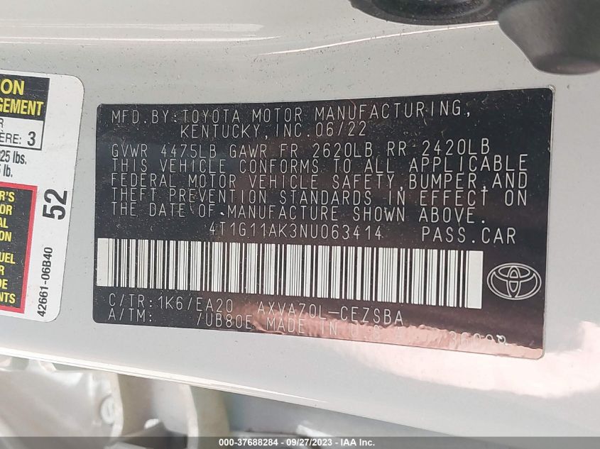 2022 TOYOTA CAMRY SE - 4T1G11AK3NU063414