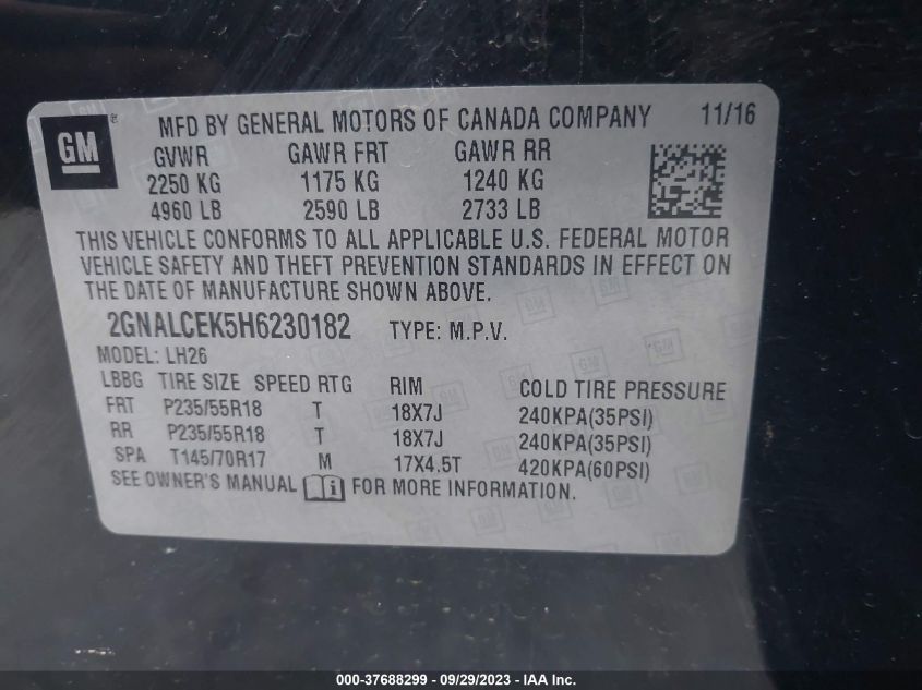 2017 CHEVROLET EQUINOX LT - 2GNALCEK5H6230182