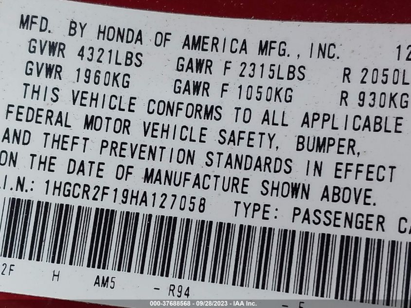 2017 HONDA ACCORD SEDAN SPORT SE - 1HGCR2F19HA127058