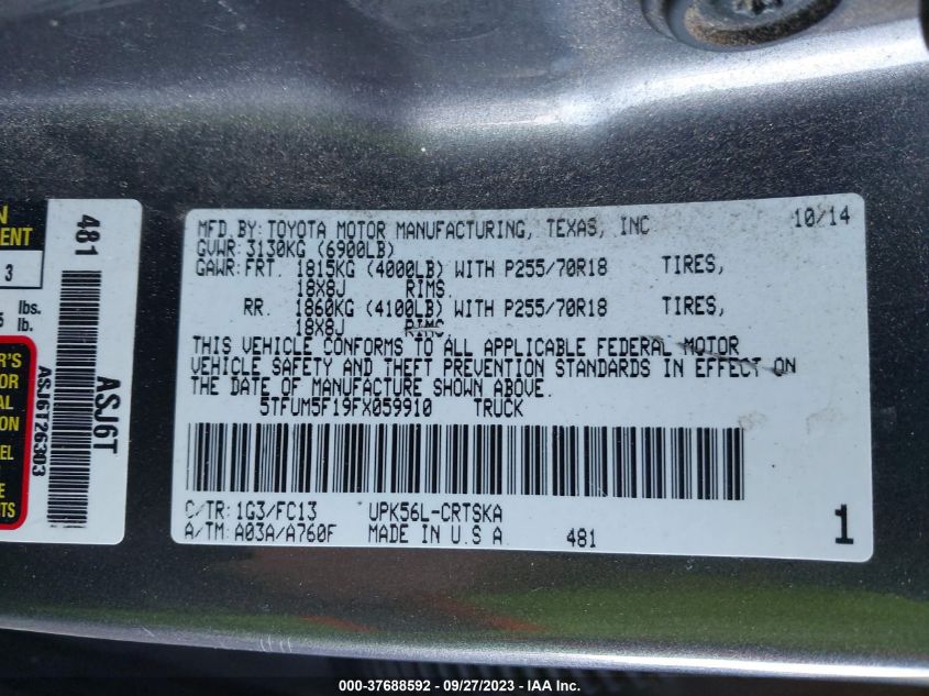 2015 TOYOTA TUNDRA 4WD TRUCK SR/SR5 - 5TFUM5F19FX059910