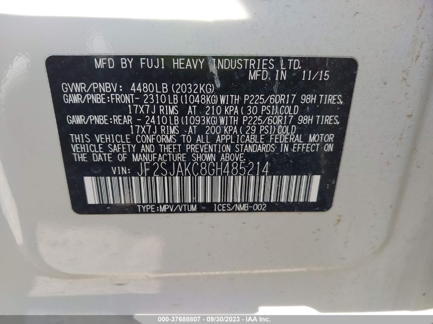 2016 SUBARU FORESTER 2.5I LIMITED - JF2SJAKC8GH485214