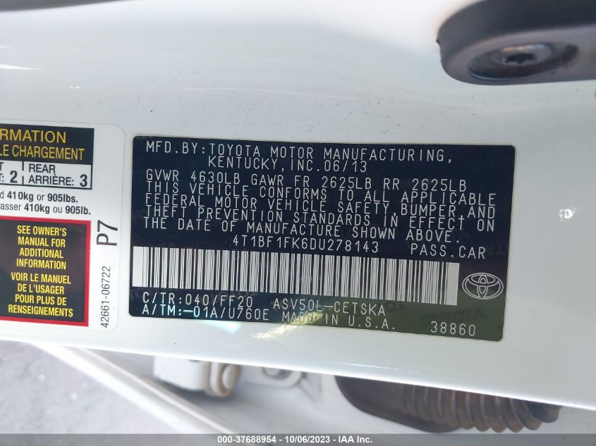 2013 TOYOTA CAMRY L/LE/SE/XLE - 4T1BF1FK6DU278143