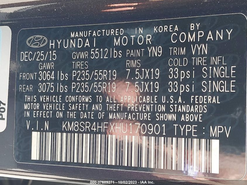 2017 HYUNDAI SANTA FE LIMITED ULTIMATE - KM8SR4HFXHU170901