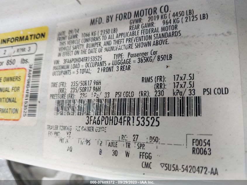 2015 FORD FUSION SE - 3FA6P0HD4FR153525