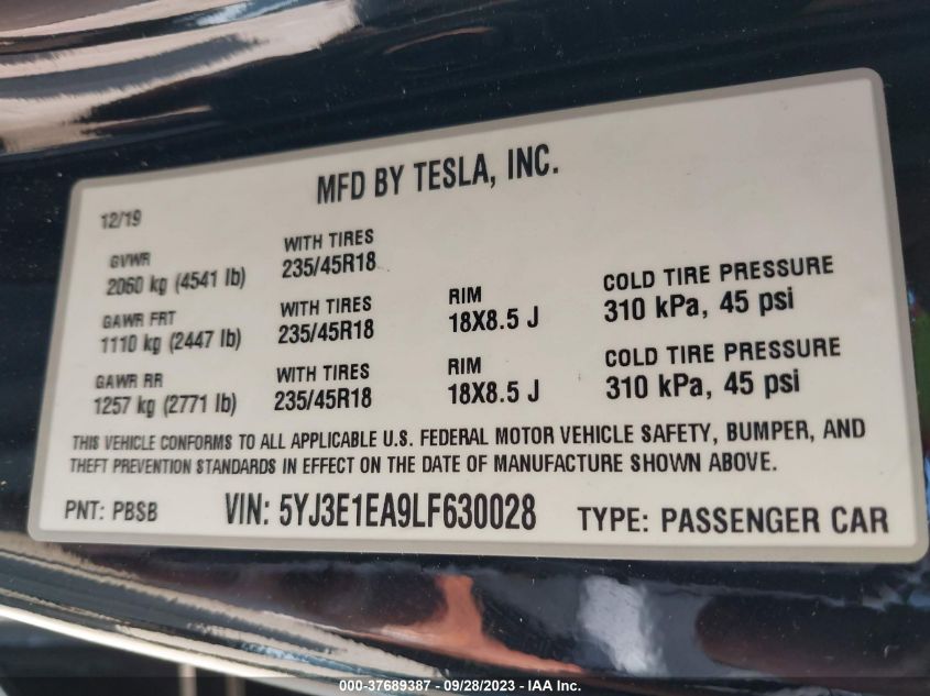 2020 TESLA MODEL 3 STANDARD RANGE - 5YJ3E1EA9LF630028