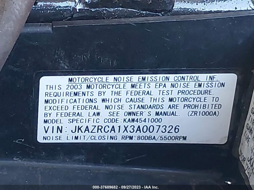 2003 KAWASAKI ZR1000 A1 - JKAZRCA1X3A007326