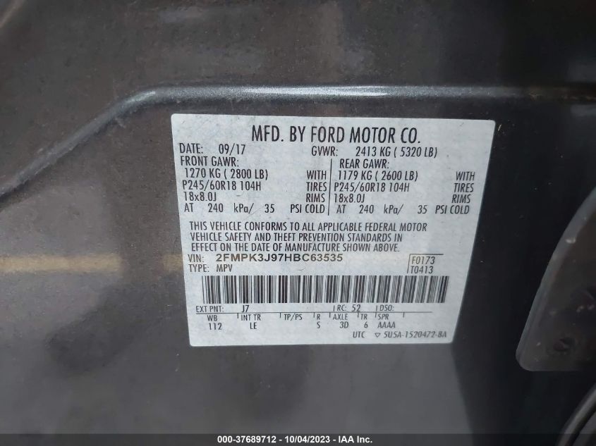 2FMPK3J97HBC63535 2017 FORD EDGE, photo no. 9