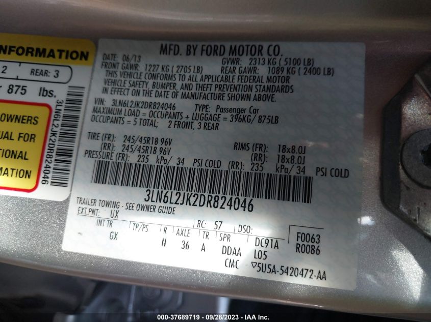 2013 LINCOLN MKZ - 3LN6L2JK2DR824046
