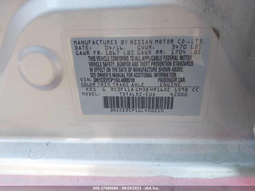 2016 NISSAN VERSA NOTE S/S PLUS/SV/SR/SL - 3N1CE2CP1GL400510