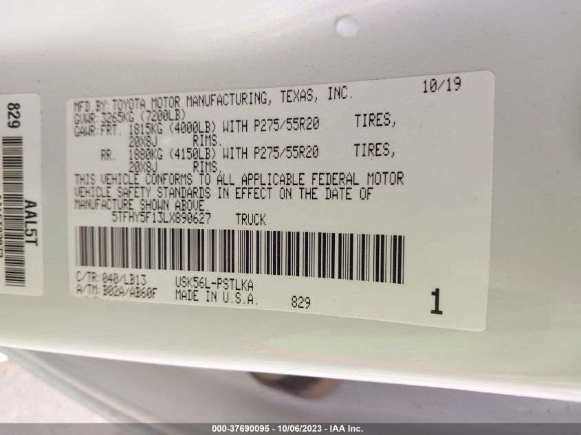 2020 TOYOTA TUNDRA 4WD LIMITED - 5TFHY5F13LX890627