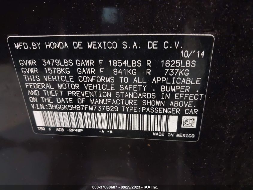 2015 HONDA FIT EX-L/EX - 3HGGK5H87FM737929