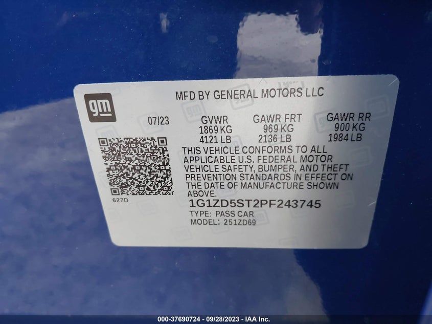 VIN 1G1ZD5ST2PF243745 2023 CHEVROLET MALIBU LT