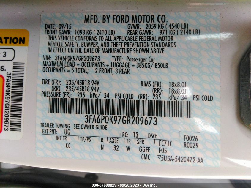 2016 FORD FUSION TITANIUM - 3FA6P0K97GR209673