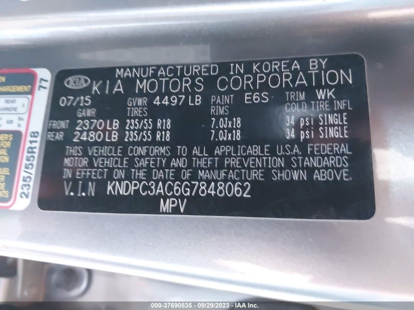 2016 KIA SPORTAGE EX - KNDPC3AC6G7848062