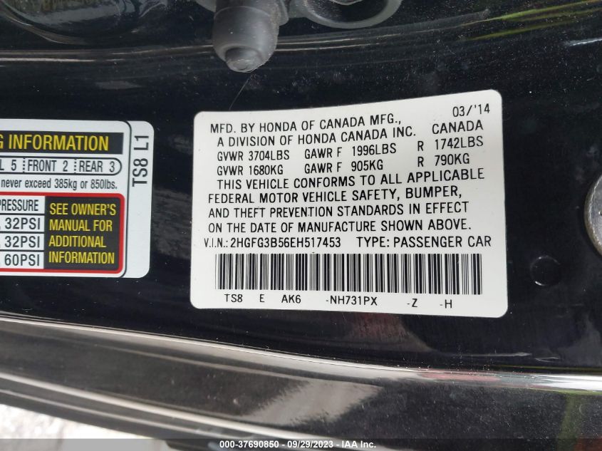 2014 HONDA CIVIC COUPE LX 2HGFG3B56EH517453
