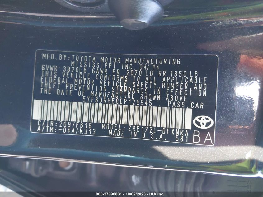 2014 TOYOTA COROLLA L/LE/LE PLS/PRM/S/S PLS - 5YFBURHE8EP126945